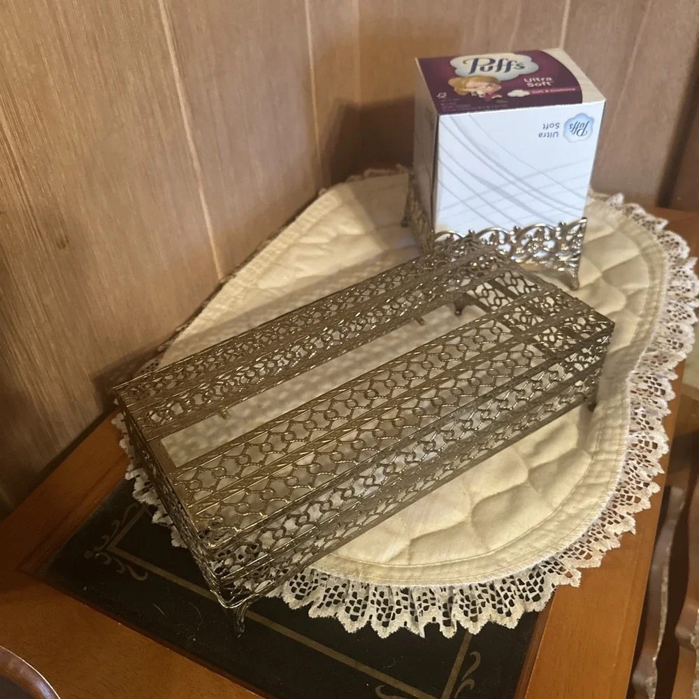 2pc Vintage Gold Filigree Tissue Box Cover And Holder Hollywood Regency Bath MCM
